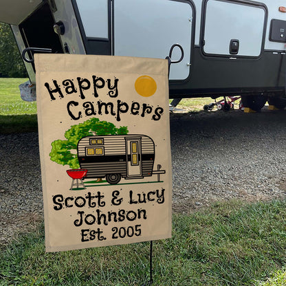 Happy Campers Personalized Camping Flag with Vintage Travel Trailer