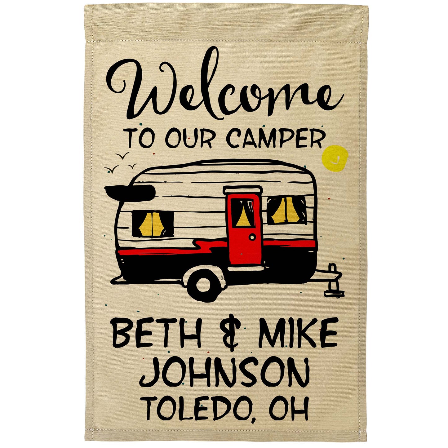 Welcome to Our Camper Personalized Camping Flag with Vintage Trailer Graphic