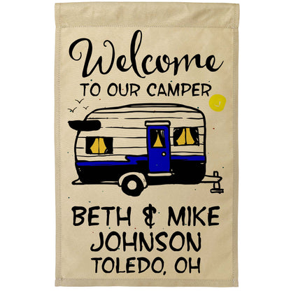 Welcome to Our Camper Personalized Camping Flag with Vintage Trailer Graphic