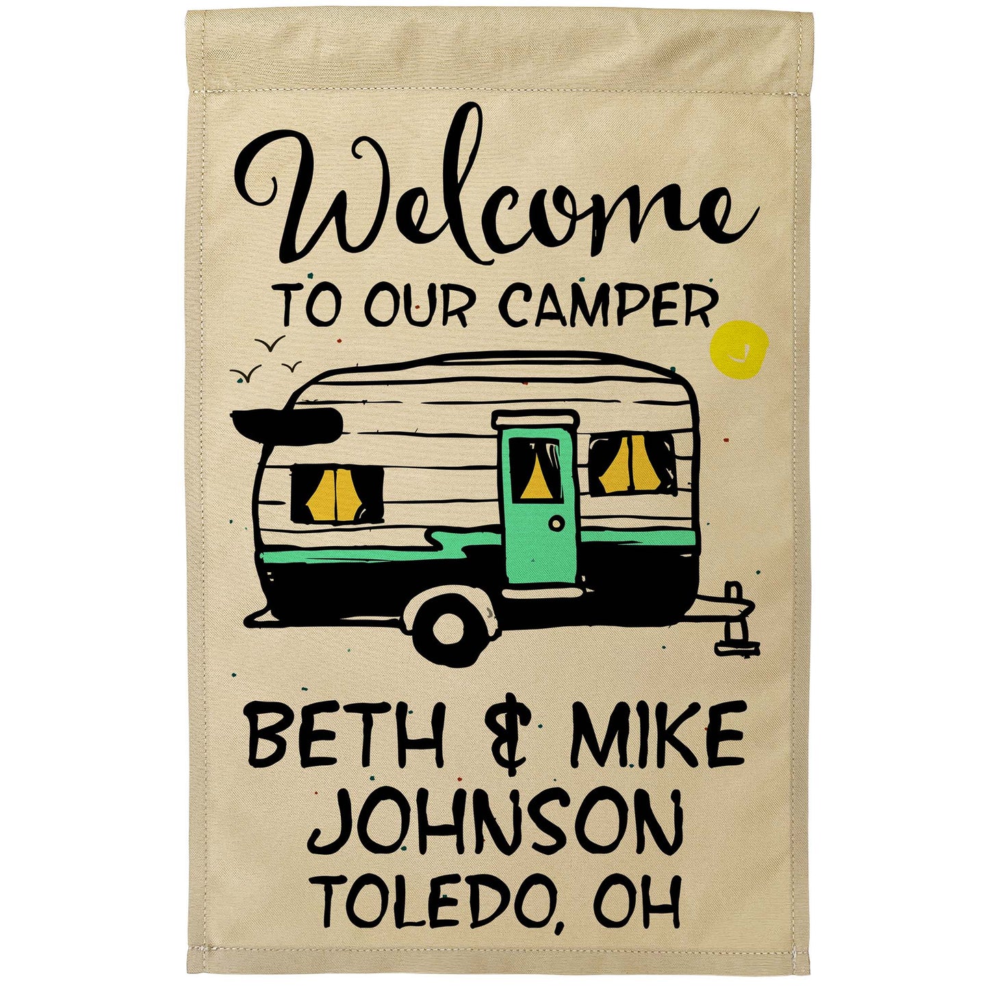 Welcome to Our Camper Personalized Camping Flag with Vintage Trailer Graphic