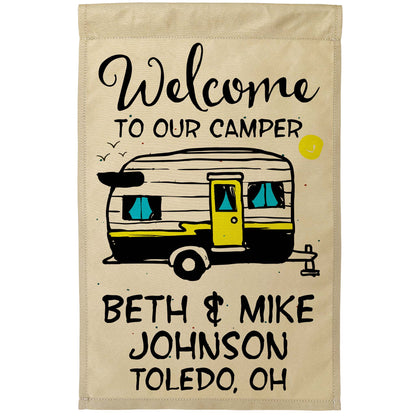 Welcome to Our Camper Personalized Camping Flag with Vintage Trailer Graphic