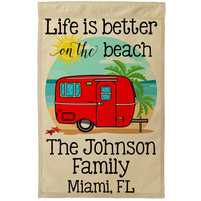 Life is Better on The Beach Personalized Camping Flag with Travel Trailer