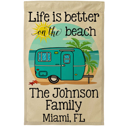 Life is Better on The Beach Personalized Camping Flag with Travel Trailer