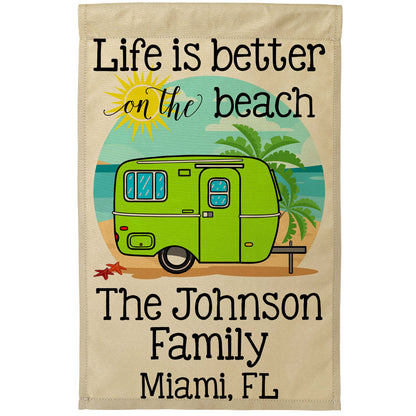 Life is Better on The Beach Personalized Camping Flag with Travel Trailer