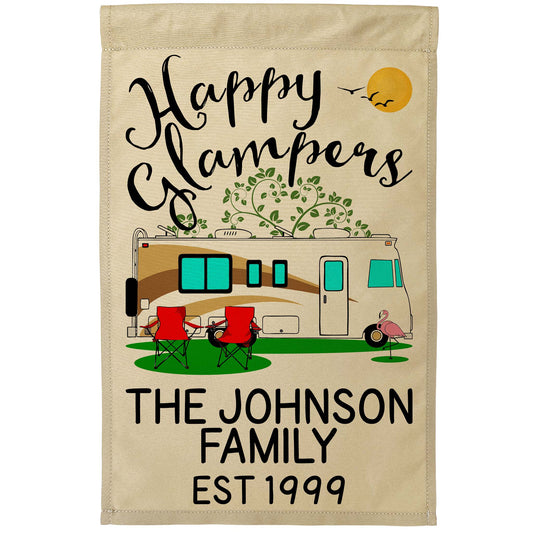 Happy Glampers Personalized Camping Flag with Class A Motorhome