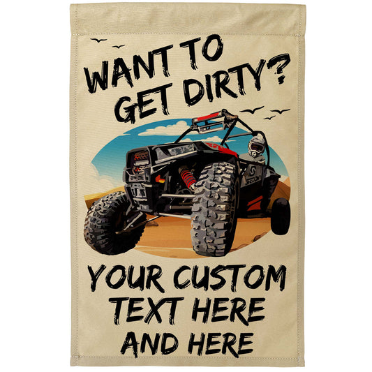 Want to Get Dirty? Personalized Camping Flag with UTV or ATV