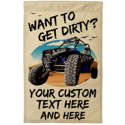 Want to Get Dirty? Personalized Camping Flag with UTV or ATV