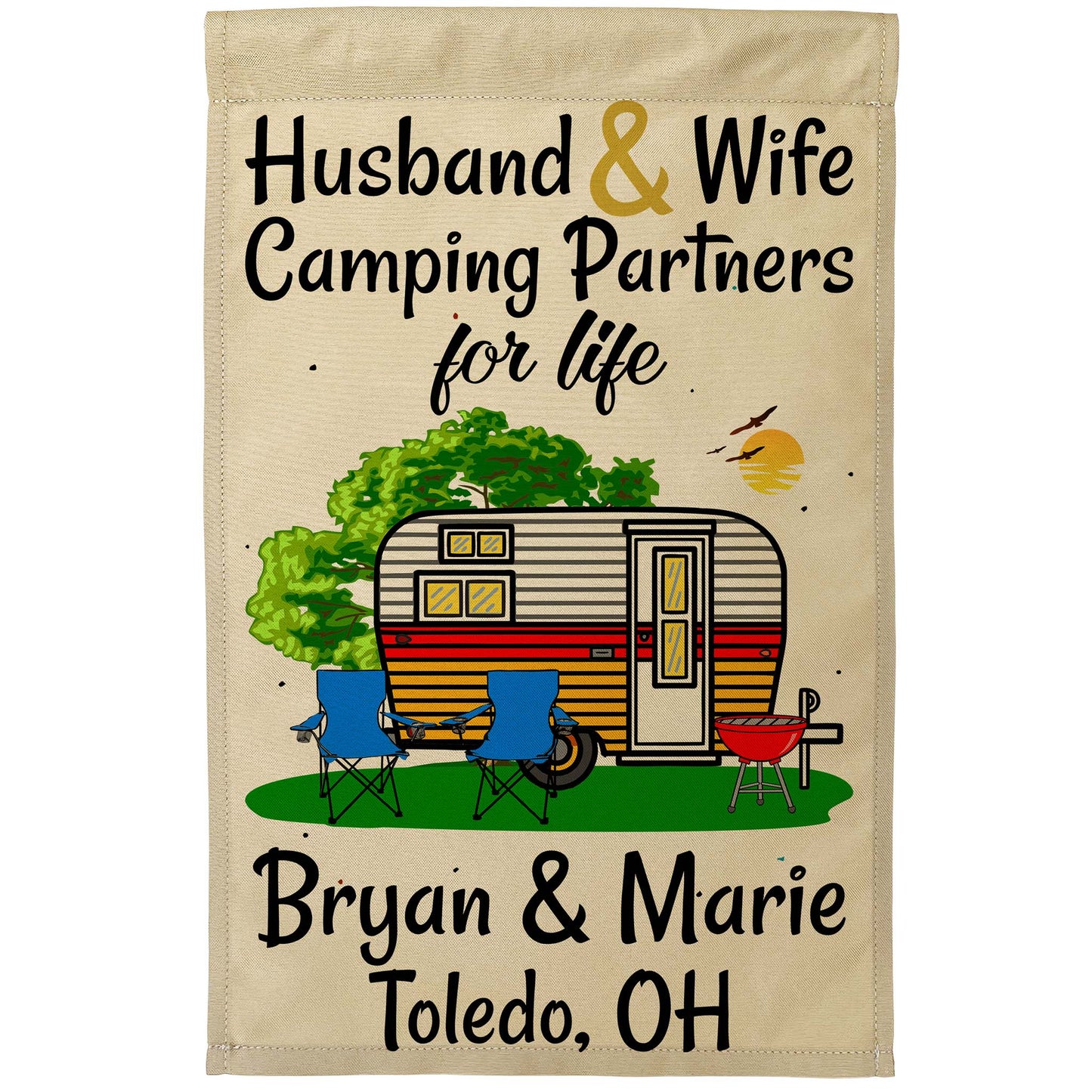 Husband & Wife Camping Partners for Life Personalized Camping Flag with Travel Trailer