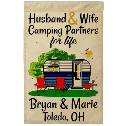 Husband & Wife Camping Partners for Life Personalized Camping Flag with Travel Trailer