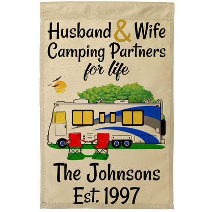 Husband & Wife Camping Partners for Life Personalized Camping Flag with Class A Motorhome