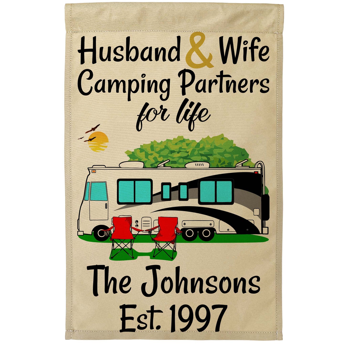 Husband & Wife Camping Partners for Life Personalized Camping Flag with Class A Motorhome