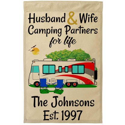 Husband & Wife Camping Partners for Life Personalized Camping Flag with Class A Motorhome