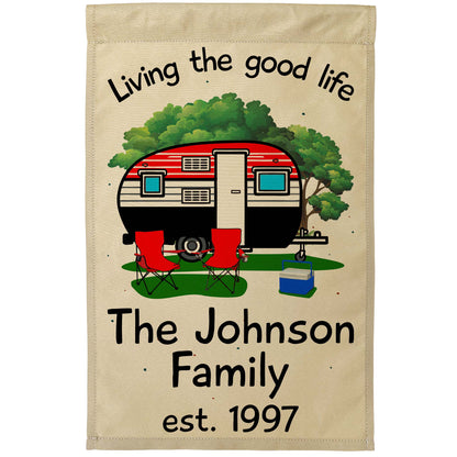 Living The Good Life Personalized Camping Flag with Retro Trailer