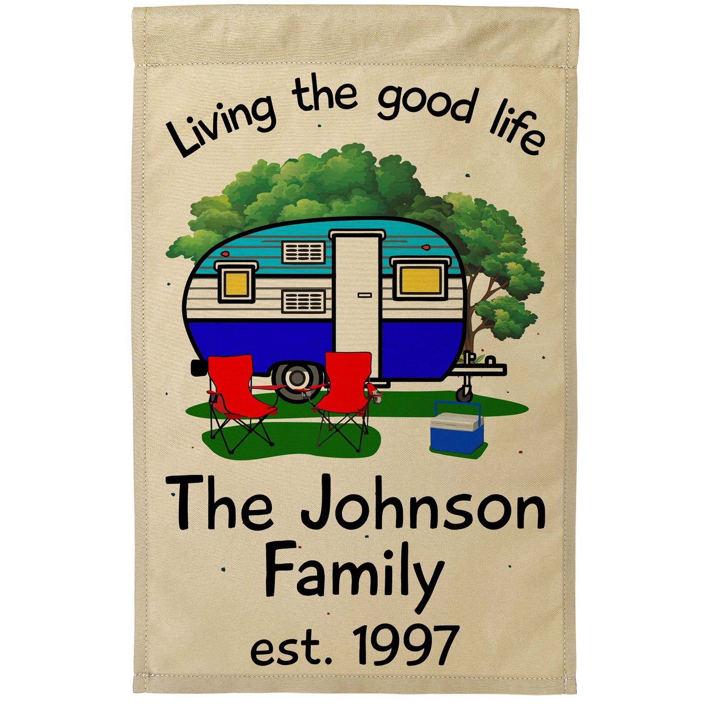 Living The Good Life Personalized Camping Flag with Retro Trailer