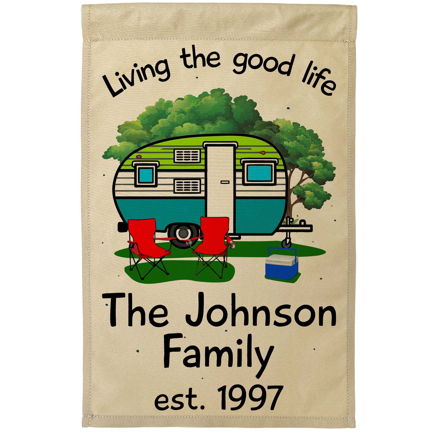 Living The Good Life Personalized Camping Flag with Retro Trailer