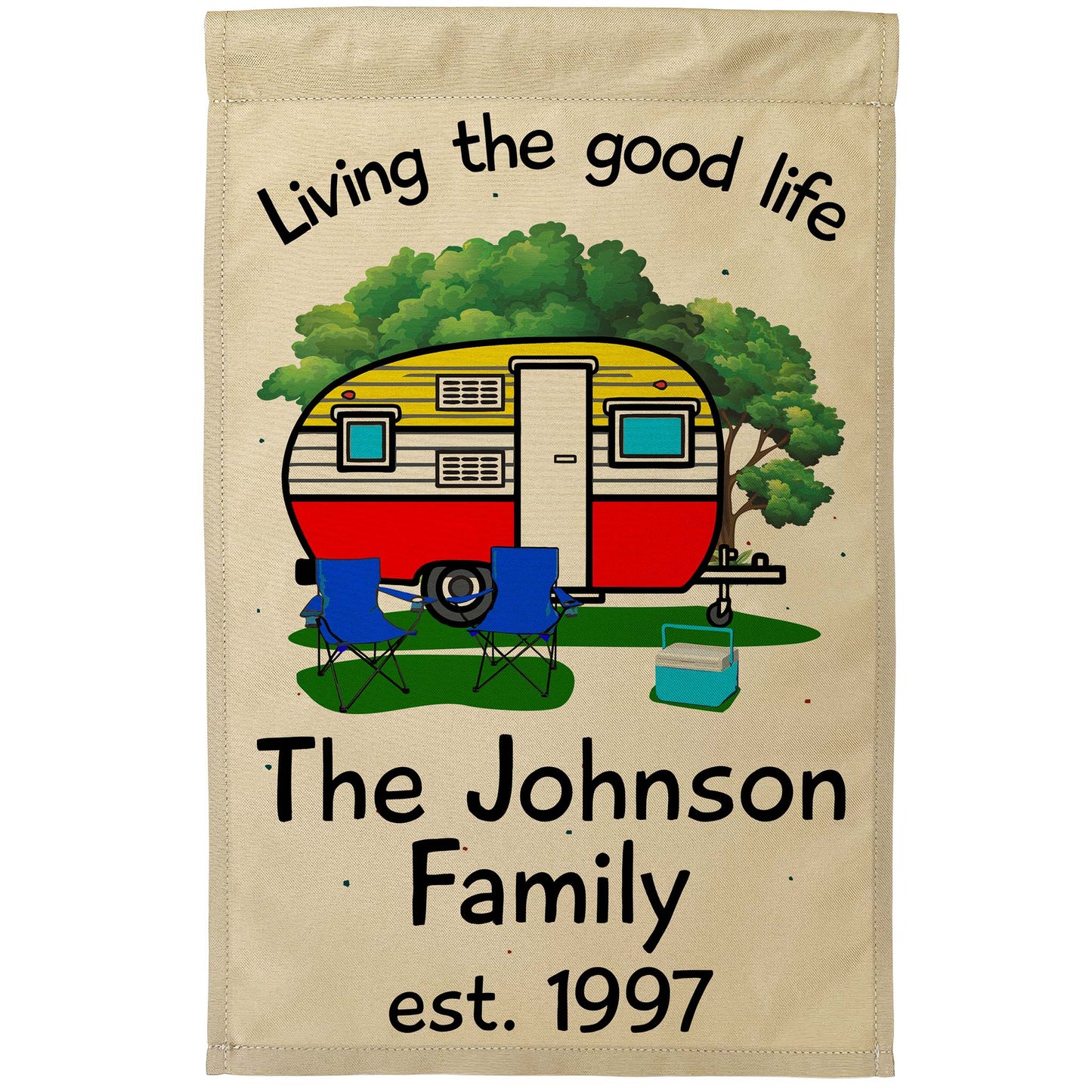 Living The Good Life Personalized Camping Flag with Retro Trailer