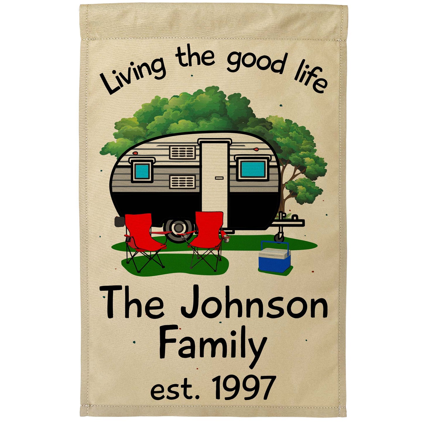 Living The Good Life Personalized Camping Flag with Retro Trailer