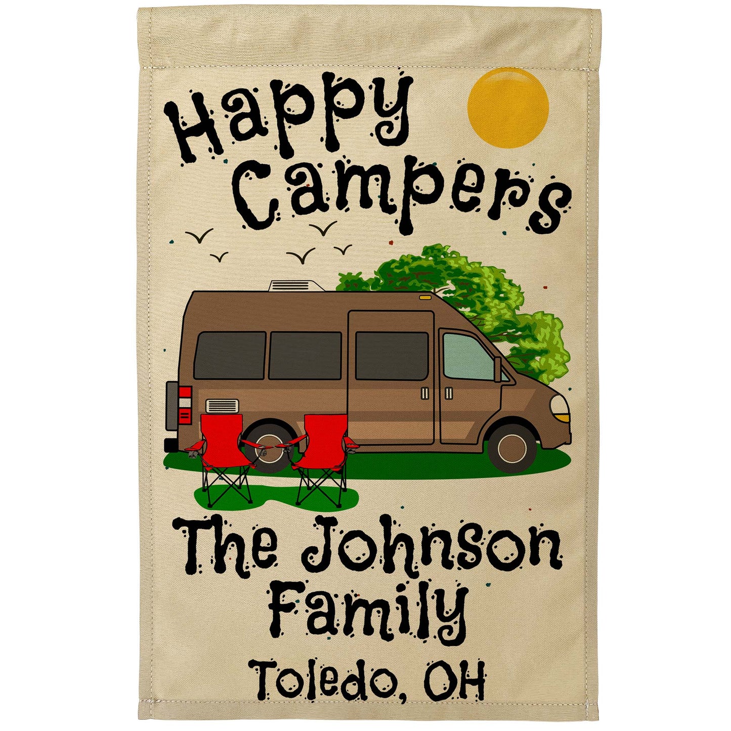 Happy Campers Personalized Camping Flag with Class B Motorhome