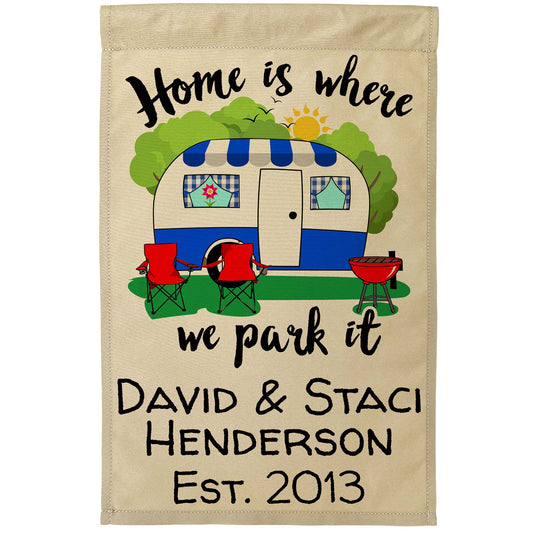 Home is Where We Park It Personalized Camping Flag with Vintage Camper