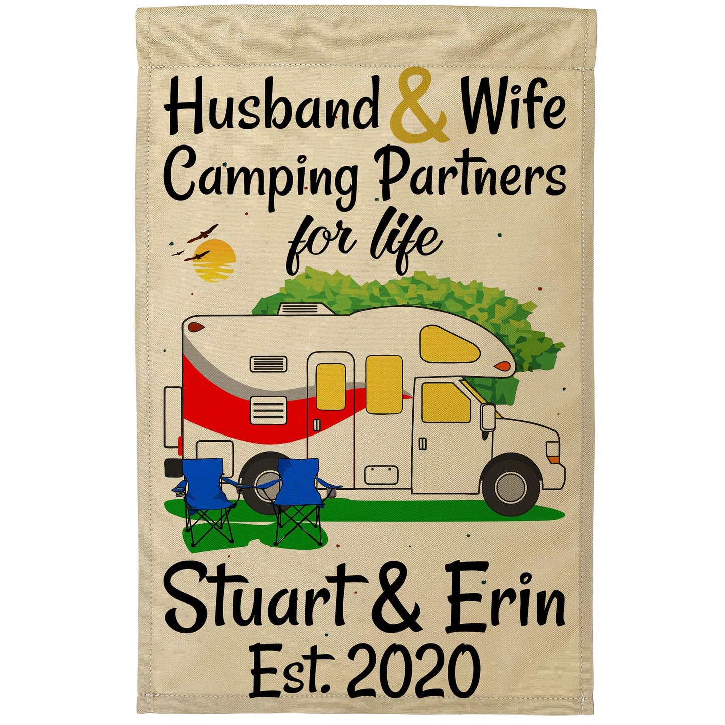 Husband & Wife Camping Partners for Life Personalized Camping Flag with Class C Motorhome