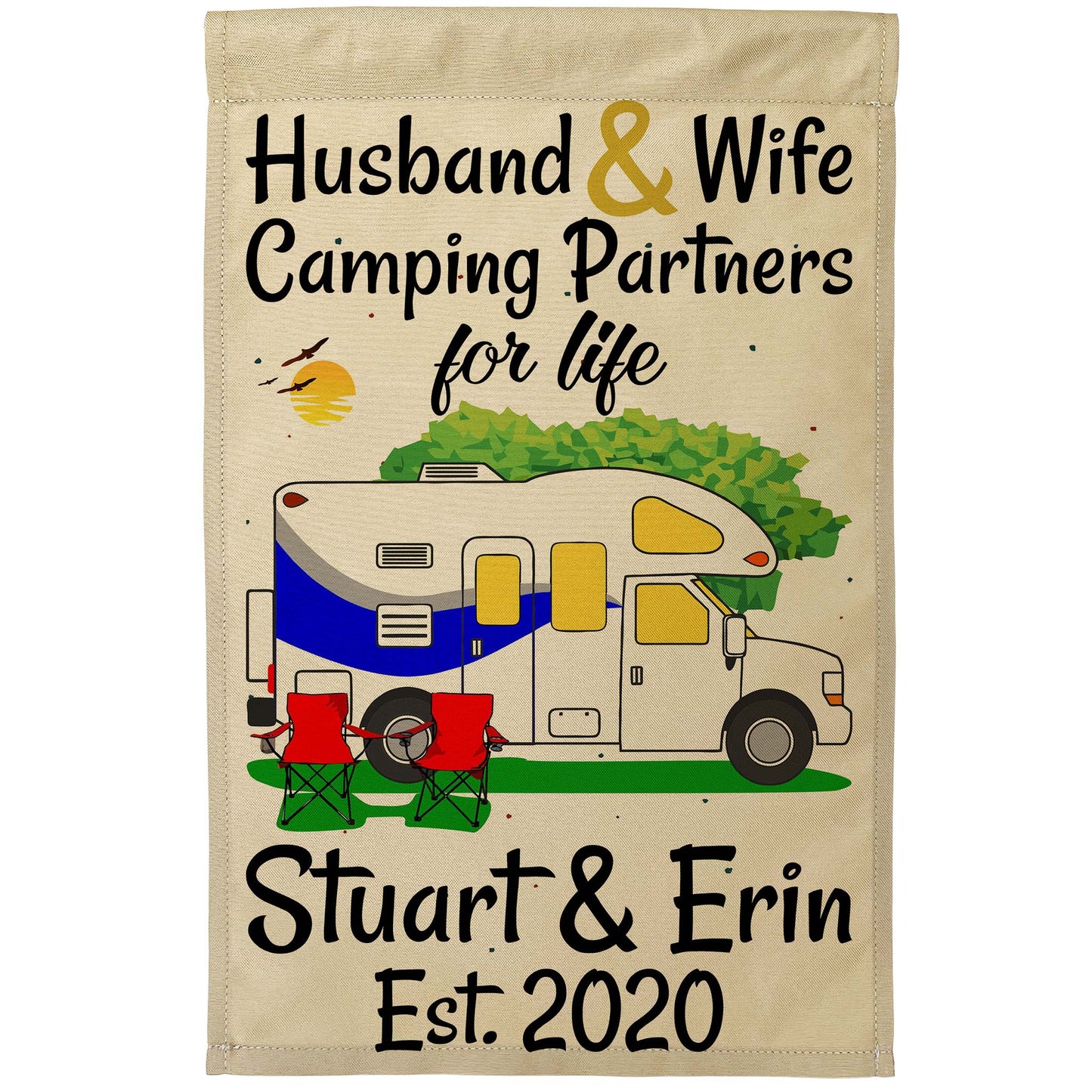 Husband & Wife Camping Partners for Life Personalized Camping Flag with Class C Motorhome