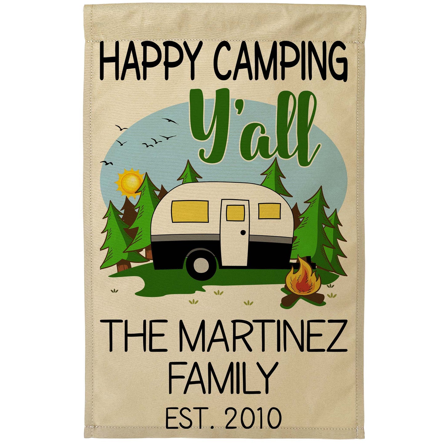 Happy Camping Y'all Personalized Campsite Flag with Retro Travel Trailer