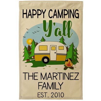 Happy Camping Y'all Personalized Campsite Flag with Retro Travel Trailer