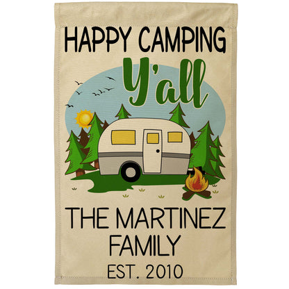 Happy Camping Y'all Personalized Campsite Flag with Retro Travel Trailer