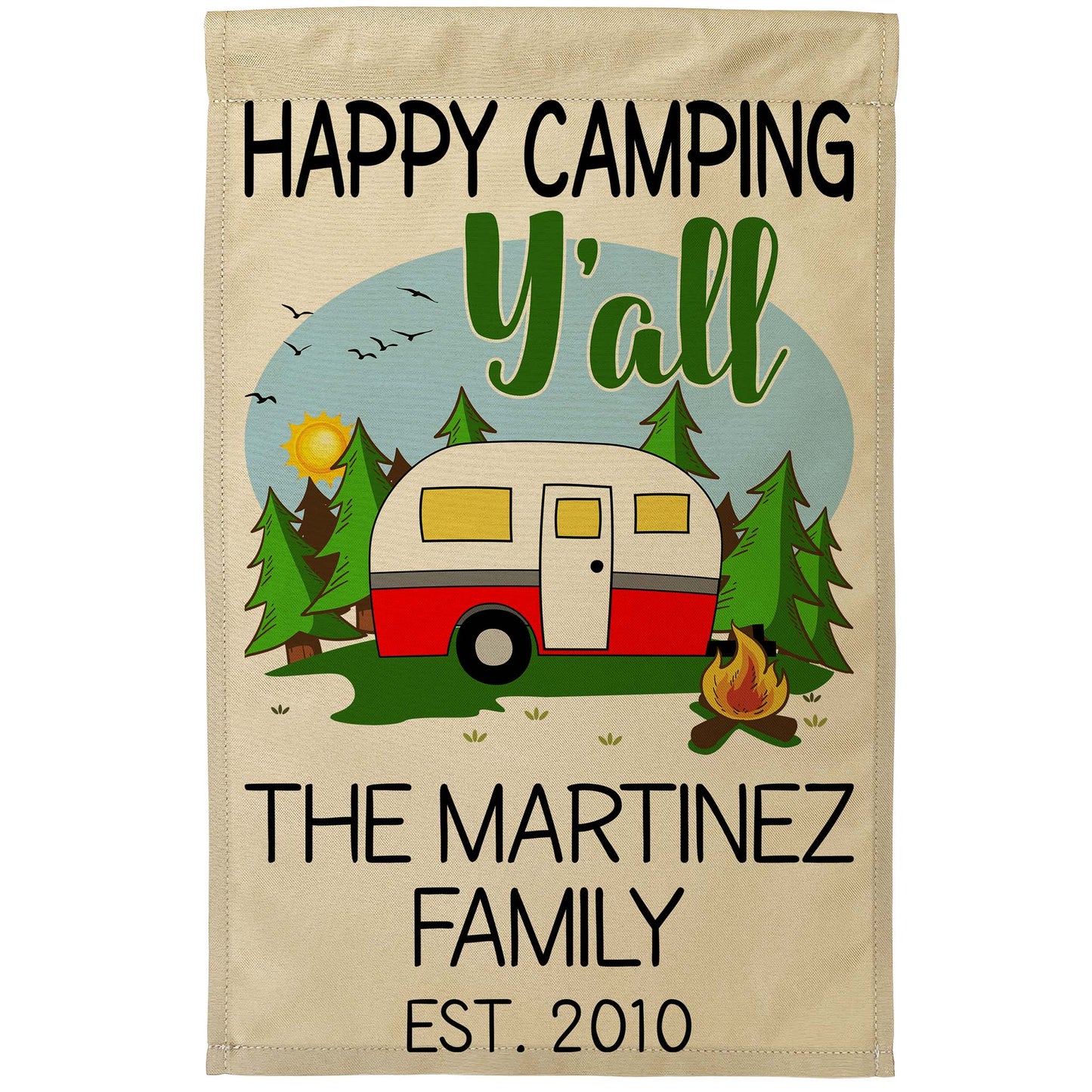 Happy Camping Y'all Personalized Campsite Flag with Retro Travel Trailer