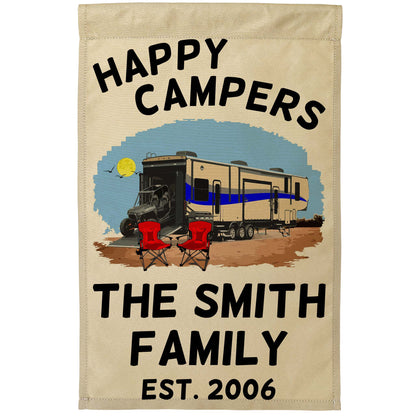 Happy Campers Personalized Camping Flag with 5th Wheel Toy Hauler