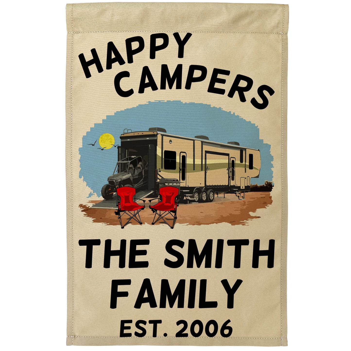 Happy Campers Personalized Camping Flag with 5th Wheel Toy Hauler