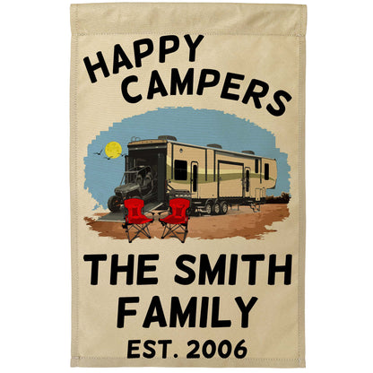 Happy Campers Personalized Camping Flag with 5th Wheel Toy Hauler