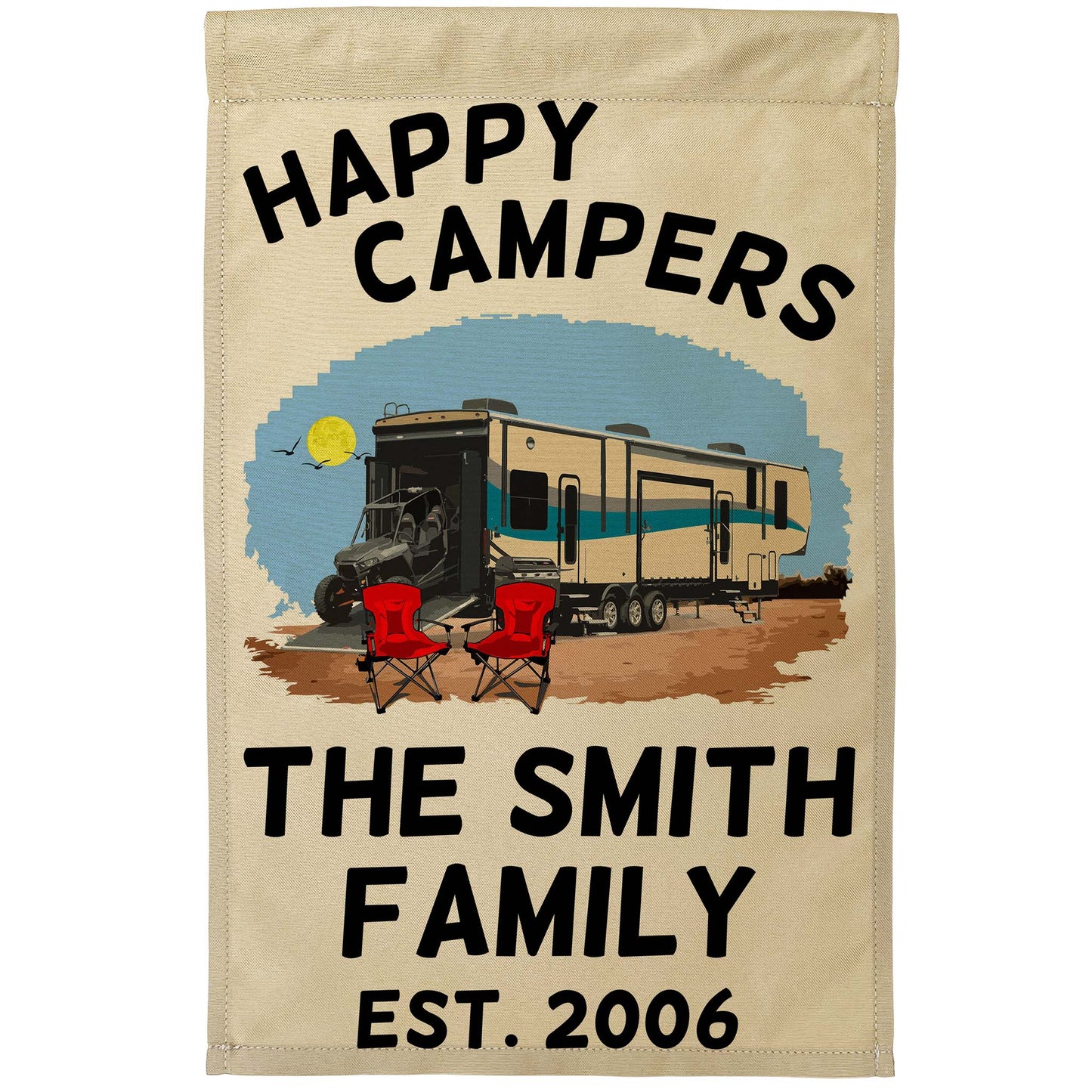 Happy Campers Personalized Camping Flag with 5th Wheel Toy Hauler