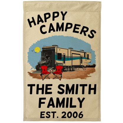 Happy Campers Personalized Camping Flag with 5th Wheel Toy Hauler