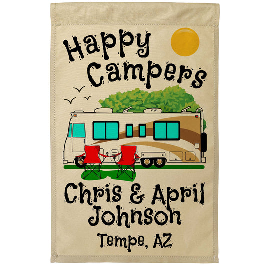 Happy Campers Personalized Camping Flag With Class A Motorhome