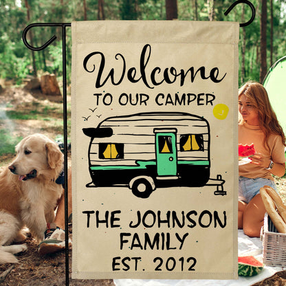 Welcome to Our Camper Personalized Camping Flag with Vintage Trailer Graphic