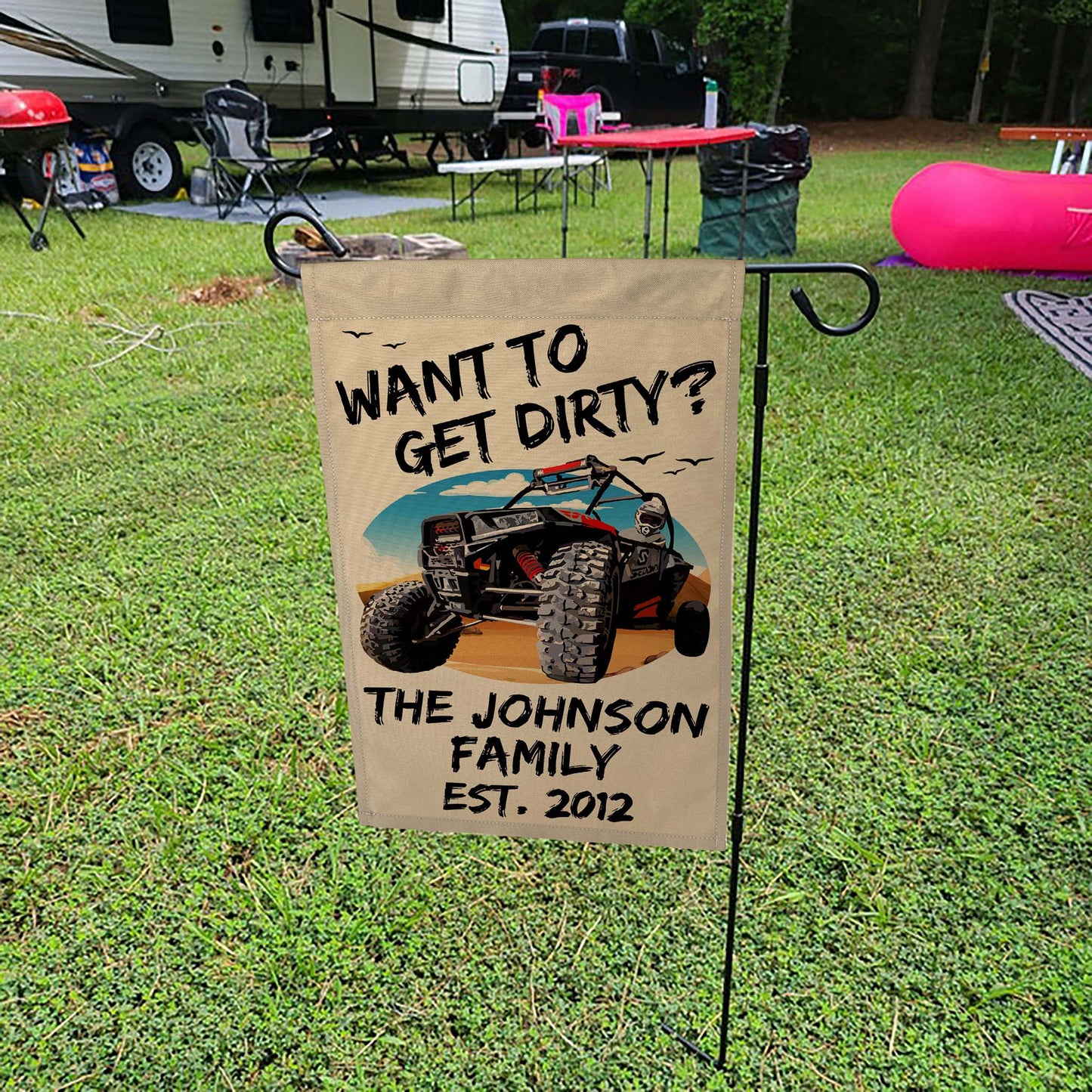 Want to Get Dirty? Personalized Camping Flag with UTV or ATV