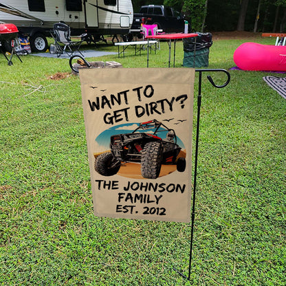 Want to Get Dirty? Personalized Camping Flag with UTV or ATV