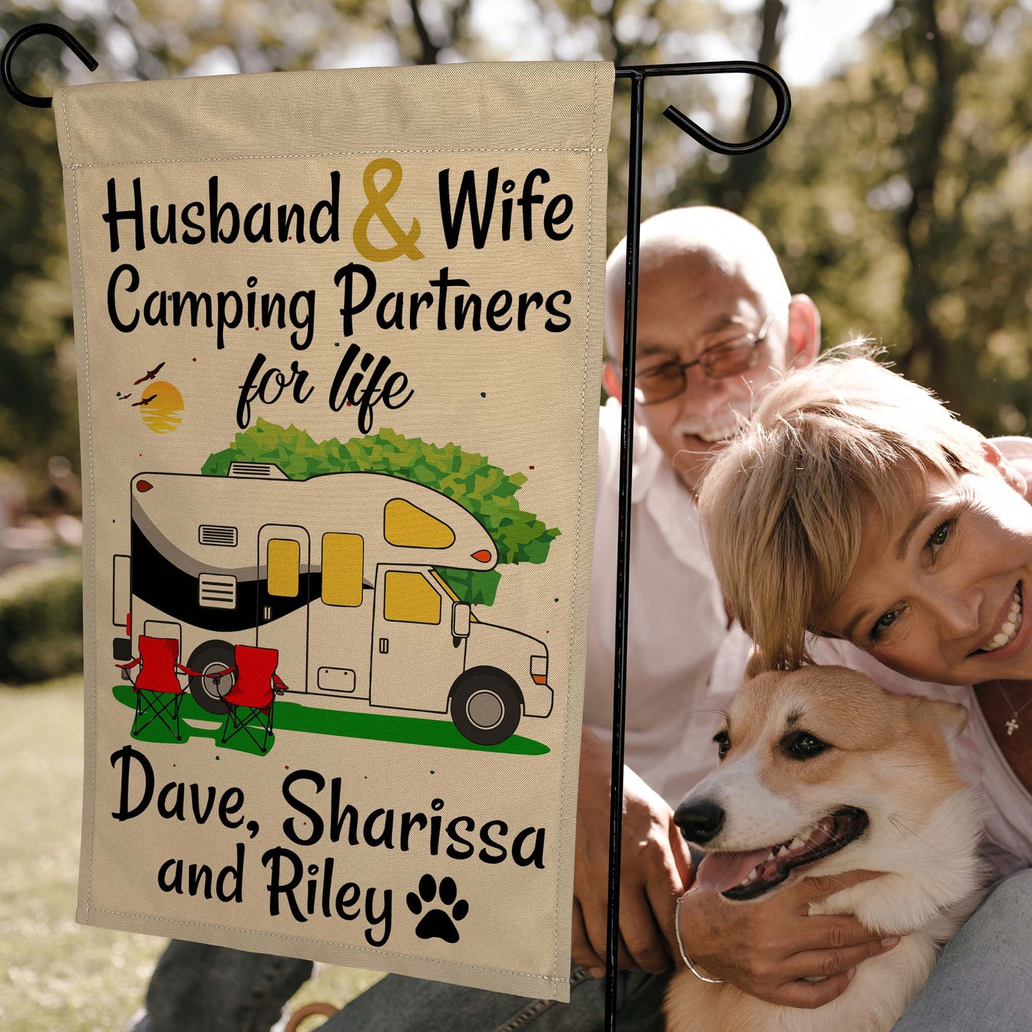 Husband & Wife Camping Partners for Life Personalized Camping Flag with Class C Motorhome