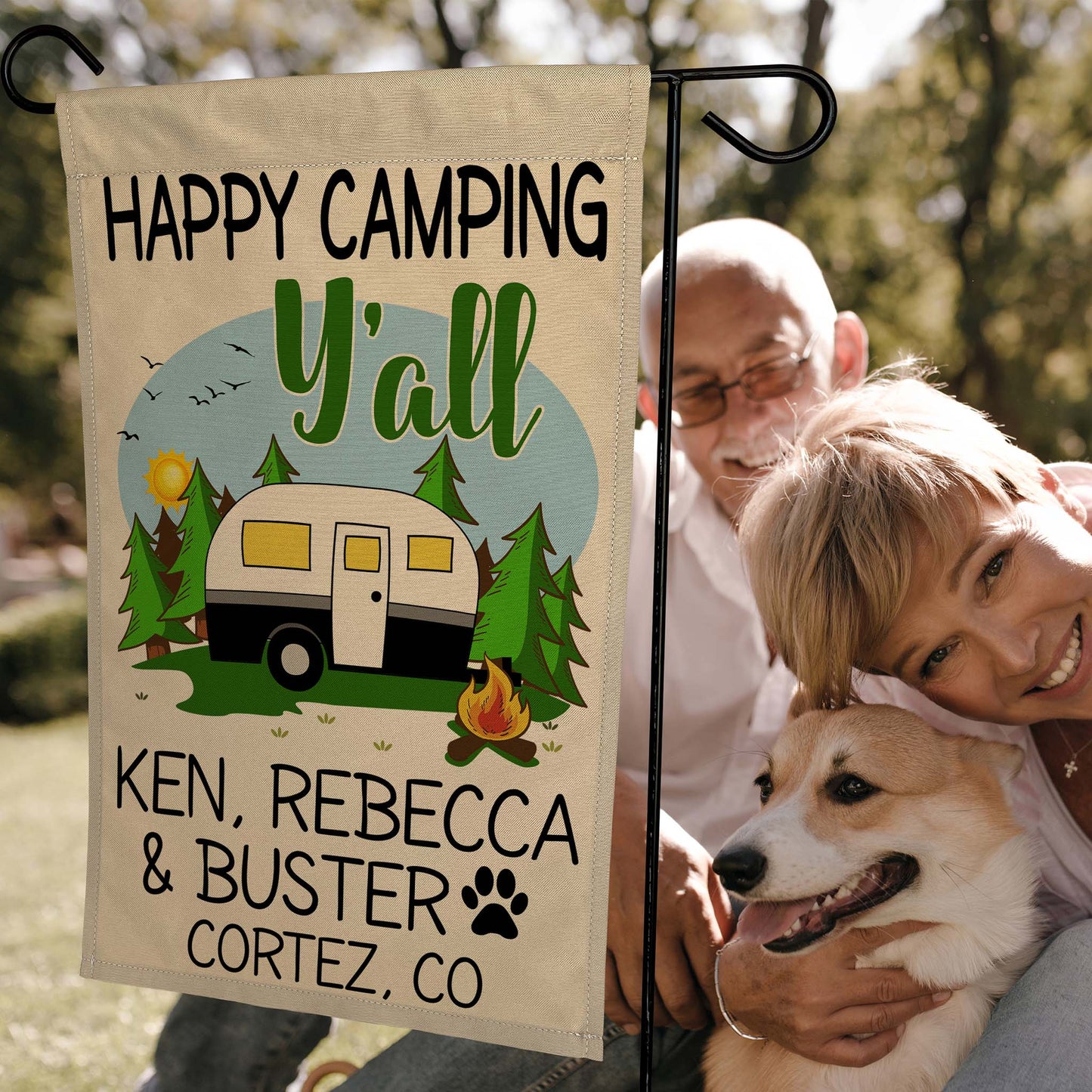 Happy Camping Y'all Personalized Campsite Flag with Retro Travel Trailer