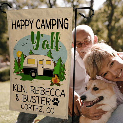 Happy Camping Y'all Personalized Campsite Flag with Retro Travel Trailer