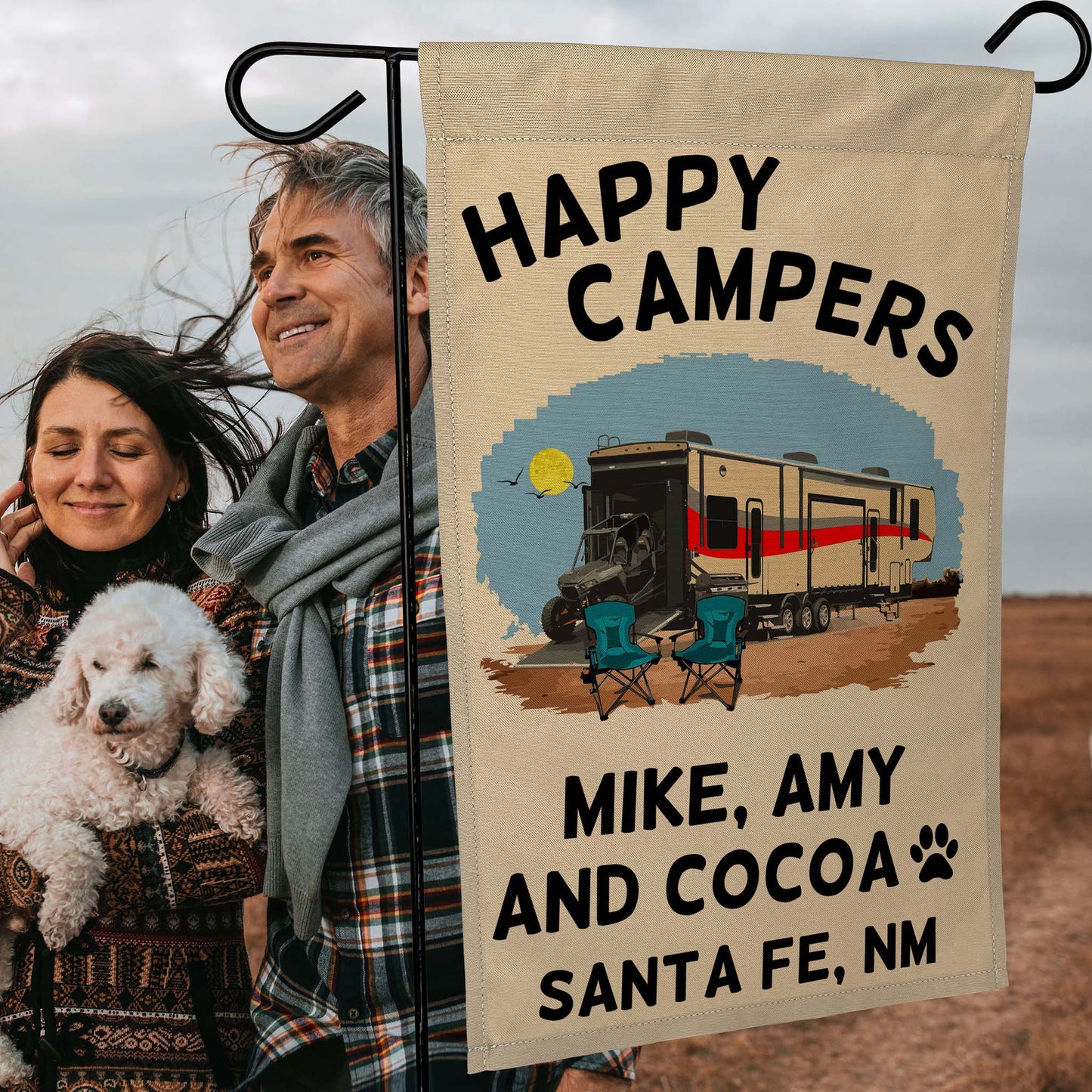 Happy Campers Personalized Camping Flag with 5th Wheel Toy Hauler