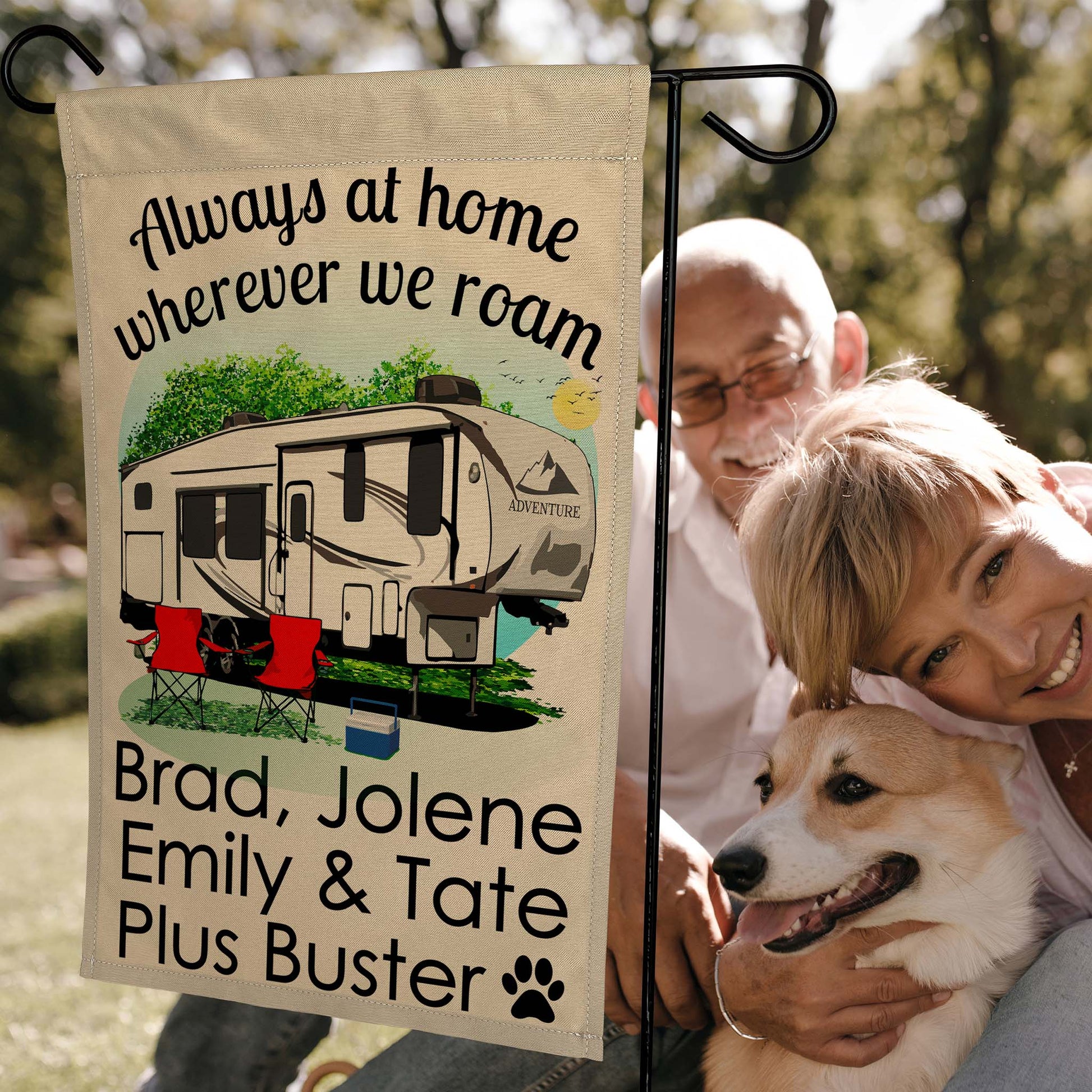 Always at Home Wherever We Roam Personalized Camping Flag with 5th Wheel Trailer