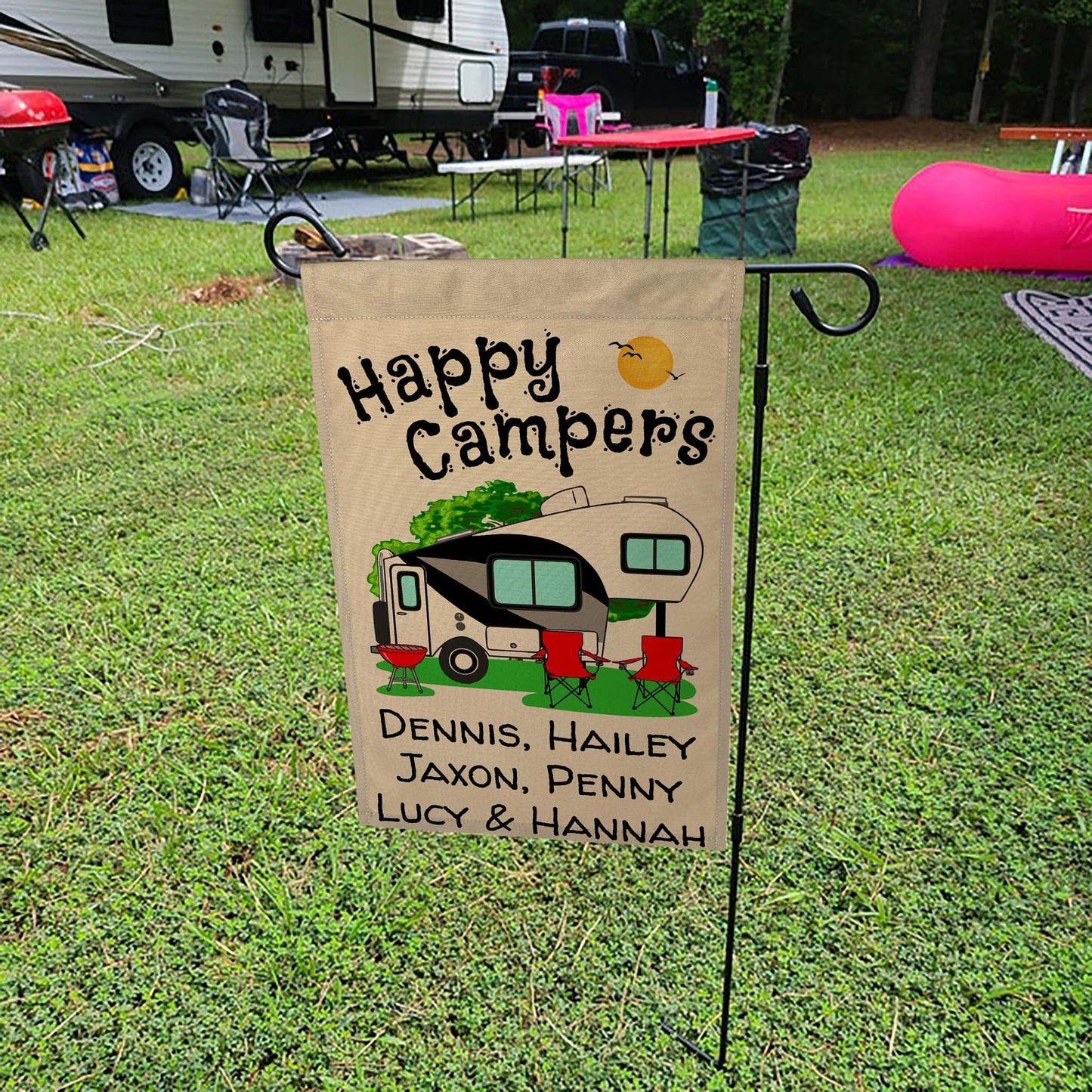 Happy Campers Personalized Camping Flag With 5th Wheel Trailer