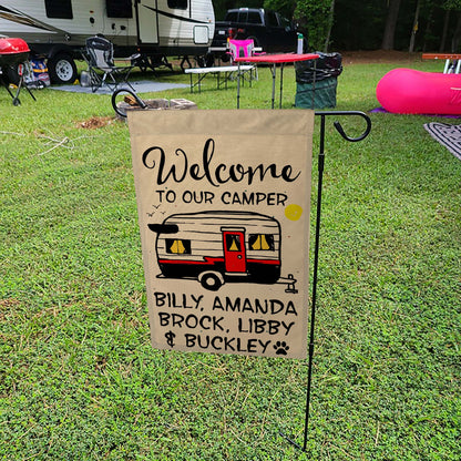 Welcome to Our Camper Personalized Camping Flag with Vintage Trailer Graphic