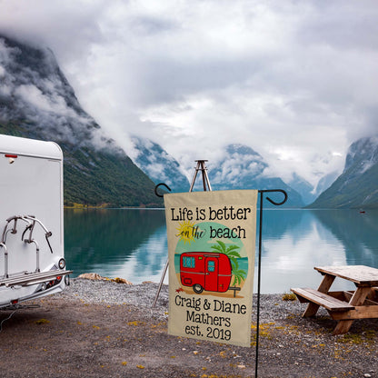 Life is Better on The Beach Personalized Camping Flag with Travel Trailer