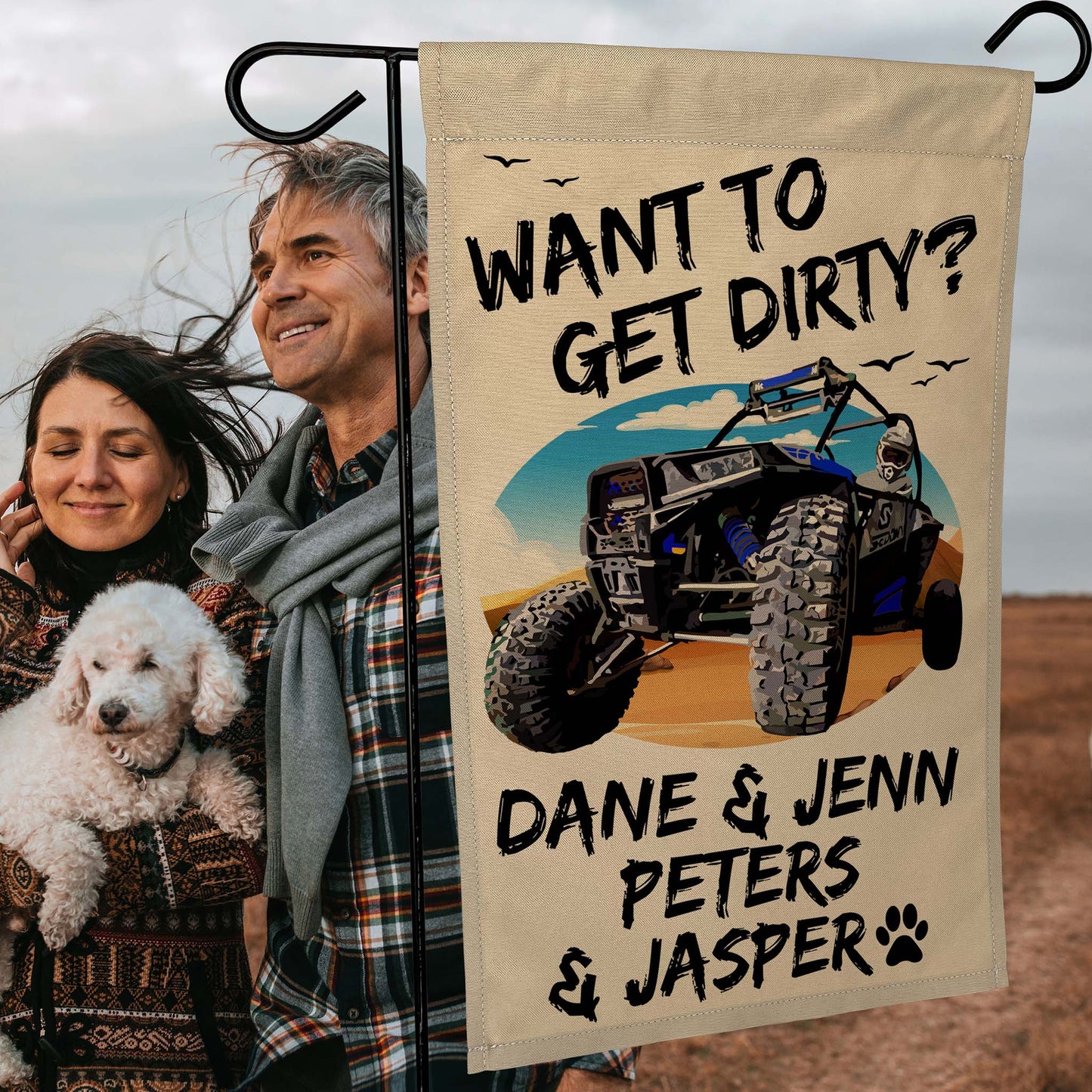 Want to Get Dirty? Personalized Camping Flag with UTV or ATV