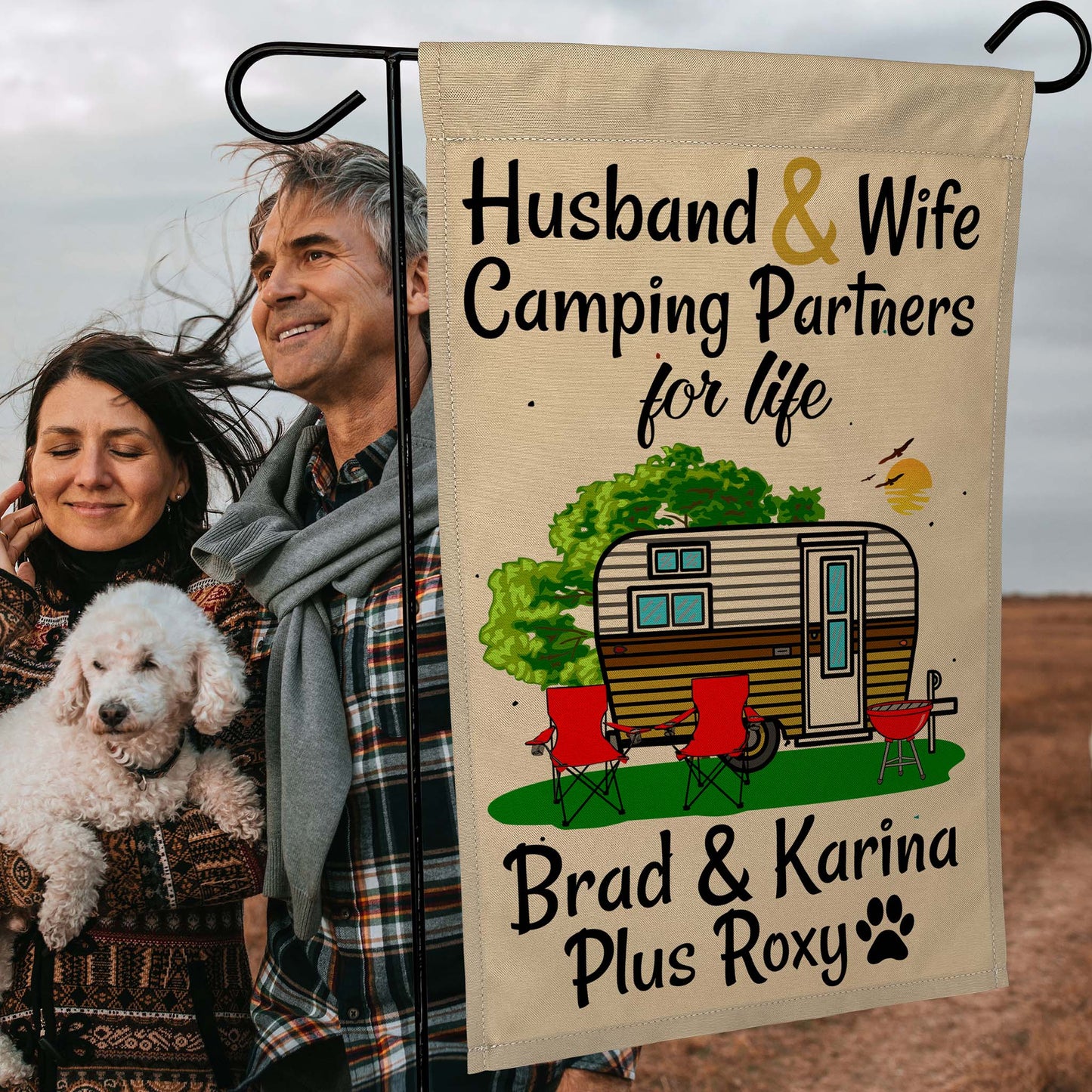 Husband & Wife Camping Partners for Life Personalized Camping Flag with Travel Trailer