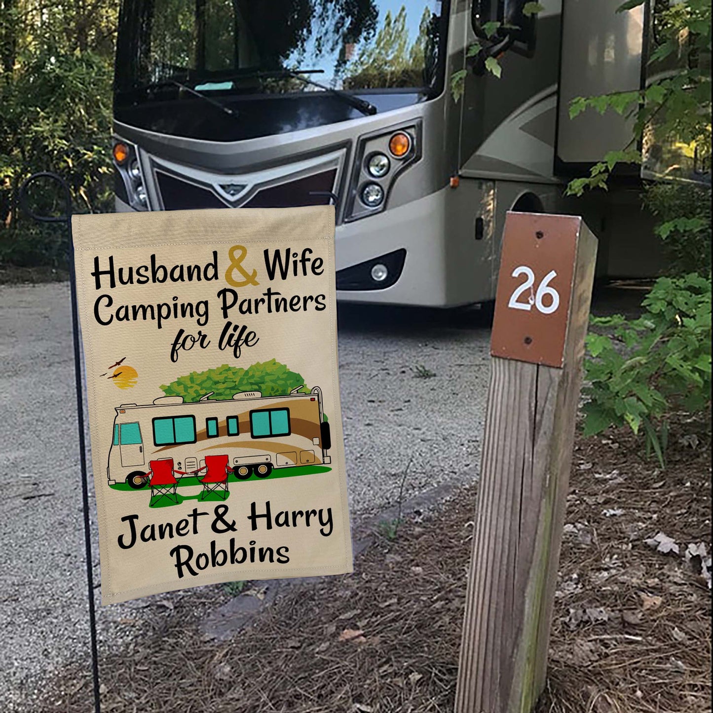 Husband & Wife Camping Partners for Life Personalized Camping Flag with Class A Motorhome