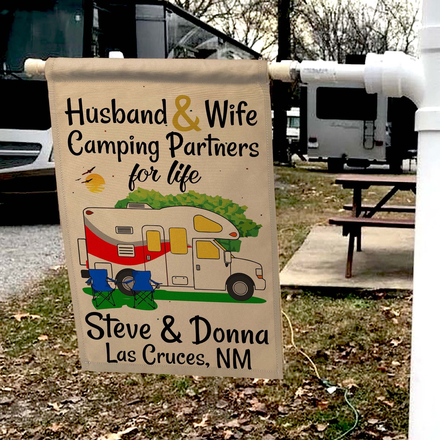 Husband & Wife Camping Partners for Life Personalized Camping Flag with Class C Motorhome